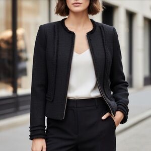 KARL LAGERFELD Paris Tweed Jacket Black Zip Front Designer Fringed Holiday Sz 12